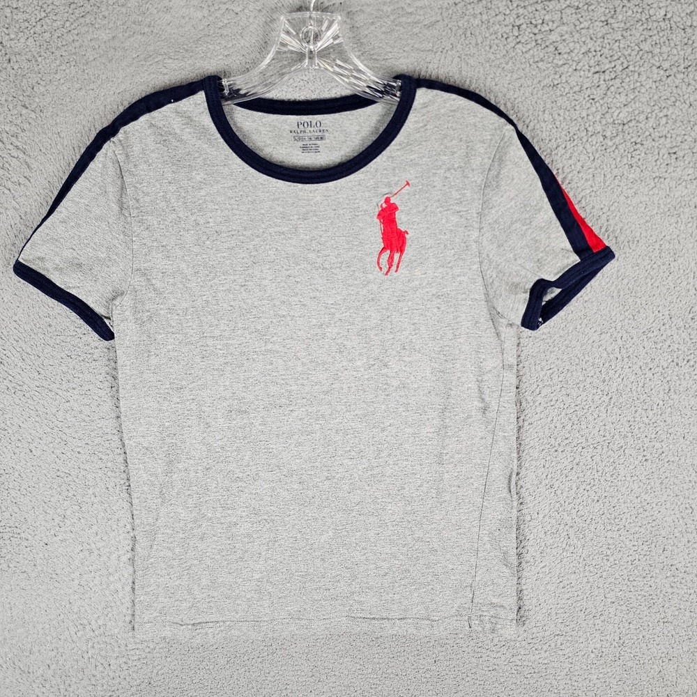 Polo Ralph Lauren T-Shirt Boys L Gray Big Pony Logo Ringer Stripe Short Sleeve
